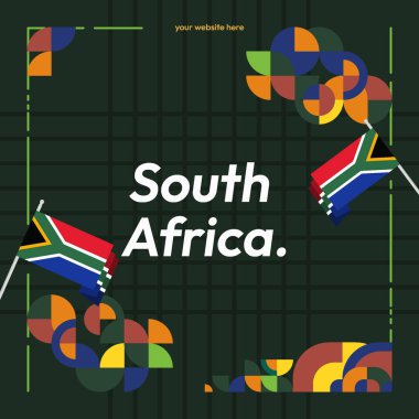 Canlı geometrik şekilli Güney Afrika Ulusal Günü afişi. Sosyal medya, davetiyeler ve posterler için ideal. Bayrak ögelerini içer.