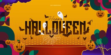 Cadılar Bayramı geometrik sanat arka planı posterler veya davetiyeler için, canlı evlerde Ekim neşesi için mükemmel, cesur balkabakları, örümcek ağları ve şık tipografi aksanları ile.