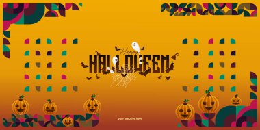 Davetiyeler ya da posterler için geometrik yeteneği olan ürkütücü Cadılar Bayramı örtüsü şenlikli mekanlarda sonbahar toplantıları için ideal balkabakları, örümcek ağları ve gevrek tipografi..