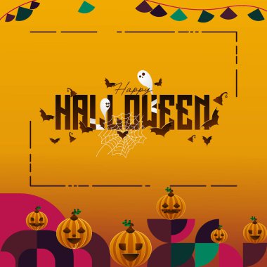 Geometrik tarzda neşeli Cadılar Bayramı kapağı parti davetiyeleri veya kartlar için, şenlikli mekanlarda sonbahar geceleri için ideal balkabakları, örümcek ağları ve zarif tipografi.