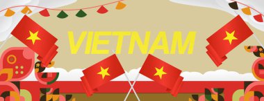 Modern geometrik Vietnam Bağımsızlık Günü bayrak renkleriyle afişi. Tebrik kartları, posterler ve sosyal medya için mükemmel bir Ulusal Gün tasarımı. Vietnam bayramı şablonlarınız kutlu olsun.