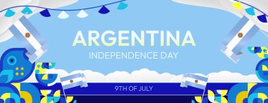 Arjantin Günü geçmişi. Arjantin Ulusal Bağımsızlık Günü renkli geometrik tasarımlı şenlik arkaplanı. Tebrik kartları, satışlar, festivaller ve çeşitli etkinlikler için bayram afiş şablonları