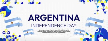 Vatansever Arjantin Bağımsızlık Günü bayrağı, modern geometrik tarzda. Bayram atmosferli yaratıcı bir Ulusal Bayram posteri. Mutlu Arjantin kutlamaları