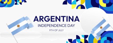 Geometrik süslemeler ve bayrak tasarımı ile Arjantin Bağımsızlık Günü parti afişi. Ulusal bayram tebrik kartı, etkinlik, festival ve iş afişi tasarımı için mükemmel. Mutlu Arjantin Günleri