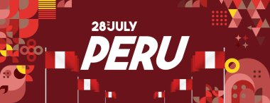 Geometrik süslemeler ve bayrak tasarımlı Peru Bağımsızlık Günü parti afişi. Ulusal bayram tebrik kartı, etkinlik, festival ve iş afişi tasarımı için mükemmel. Peru gününüz kutlu olsun.