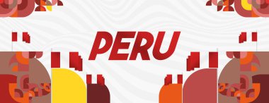 Geometrik tarzda neşeli Peru Bağımsızlık Günü afişi. Modern Ulusal Bayram etkinlikleri, geçit törenleri ve bayram kutlamaları için tasarım. Mutlu Peru Günü tasarım geçmişi