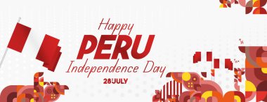 Peru günü geçmişi. Renkli geometrik tasarımlı Peru Ulusal Bağımsızlık Günü şenlik arkaplanı. Tebrik kartları, satışlar, festivaller ve çeşitli etkinlikler için bayram afiş şablonları