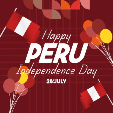 Peru Tatili 'ni kutlayın. Geometrik tasarımlı modern Peru Bağımsızlık Günü afişi. Ulusal Bayram 'ı etkinlikler için yaratıcı şablonlar, tebrik kartları ve tatil davetiyeleriyle kutlayın.