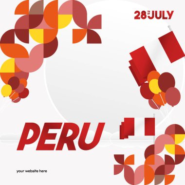 Peru Bağımsızlık Günü posteri. Ulusal Günü kutlamak için Peru bayrağının modern renkli geometrik bayrağı. Tatil geçmişi. Renkli geometriyle Peru Günü kutlamaları