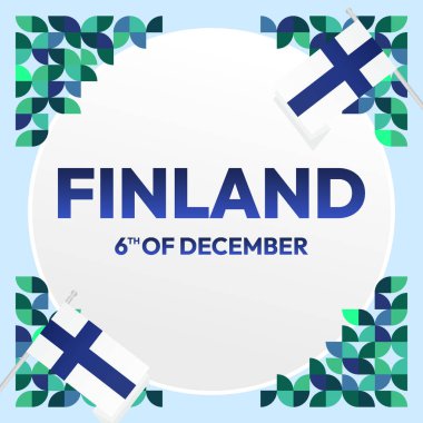 Finlandiya 'nın Bağımsızlık Günü için yaratıcı şablon. Ulusal ya da Bağımsızlık Günü 'nü kutlamak için renkli geometrik afişler. Tatil tasarımı çizimi. Mutlu Finlandiya Günü Afişi