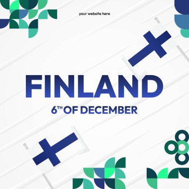 Geometrik tasarımlı trend Finlandiya Bağımsızlık Günü afişi. Ulusal tebrik kartları, etkinlikler, sosyal medya ve seyahat promosyonları günü posteri. Finlandiya 'da tatil geçmişi