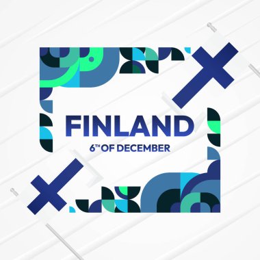 Finlandiya 'nın Bağımsızlık Günü afişi, geometrik süsler ve bayrak tasarımı ile birlikte. Ulusal bayram tebrik kartı, etkinlik, festival ve iş afişi tasarımı için mükemmel. Finlandiya Gününüz kutlu olsun