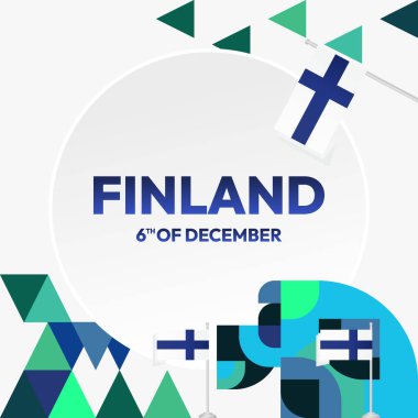 Finlandiya 'nın Bağımsızlık Günü afişi, geometrik süsler ve bayrak tasarımı ile birlikte. Ulusal bayram tebrik kartı, etkinlik, festival ve iş afişi tasarımı için mükemmel. Finlandiya Gününüz kutlu olsun