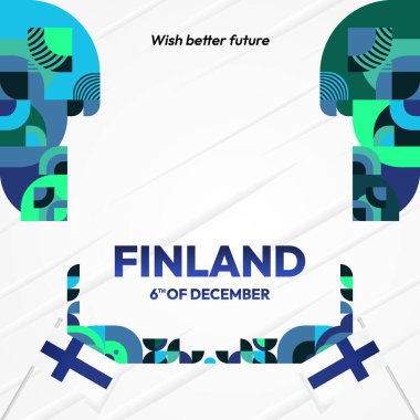 Yurtsever Finlandiya Bağımsızlık Günü afişi, modern geometrik tarzda. Bayram atmosferli yaratıcı bir Ulusal Bayram posteri. Mutlu Finlandiya kutlamaları