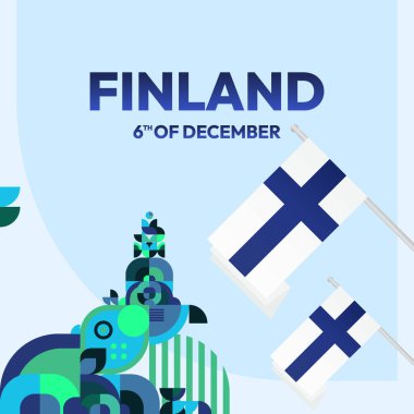 Finlandiya 'nın geçmişi. Geometrik tasarımla Finlandiya 'nın Bağımsızlık Günü afişi. Bayram etkinlikleri ve kutlamalar için yaratıcı Ulusal Bayram tasarımı. Finlandiya Gününüz kutlu olsun