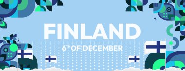 Finlandiya 'nın geçmişi. Geometrik tasarımla Finlandiya 'nın Bağımsızlık Günü afişi. Bayram etkinlikleri ve kutlamalar için yaratıcı Ulusal Bayram tasarımı. Finlandiya Gününüz kutlu olsun