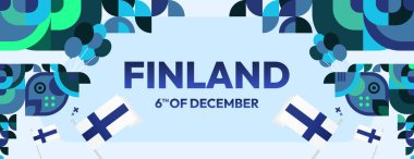 Finlandiya Tatili 'ni kutlayın. Geometrik tasarımlı modern Finlandiya Bağımsızlık Günü afişi. Ulusal Bayram 'ı etkinlikler için yaratıcı şablonlar, tebrik kartları ve tatil davetiyeleriyle kutlayın.