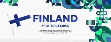 Geometrik süslemeli Neşeli Finlandiya Bağımsızlık Günü afişi. Ulusal Bayram tebrik kartları ve festivaller için harika bir çizim şablonu. İş tatili konsepti
