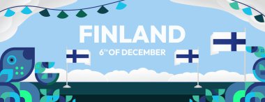 Yaratıcı geometrik tasarımlı çekici Finlandiya Bağımsızlık Günü afişi. Ulusal bayram etkinlikleri, tebrik kartları ve iş tatili promosyonları için ideal.