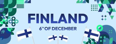 Bayrak renkli geometrik tasarımlı modern Finlandiya Bağımsızlık Günü afişi. Etkinlikler, festivaller ve bayram kutlamaları için Ulusal Bayram şablonu