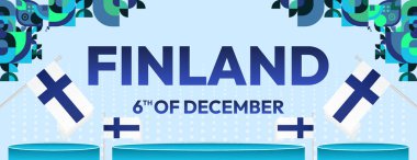 Finlandiya 'nın Bağımsızlık Günü bayrağı. Bayrak rengi temalı yaratıcı bayram geometrik tasarımı. Ulusal gün, parti etkinliği ve tatil satışları için trend geçmişi