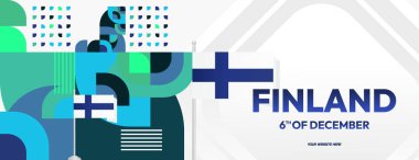 Geometrik Finlandiya Bağımsızlık Günü ulusal bayramı pankartı. Tatil kutlamaları, seyahat promosyonları ve satışlar için ideal bir poster. Finlandiya Gününüz kutlu olsun