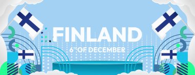 Finlandiya 'nın Bağımsızlık Günü bayrağı ulusal bayrak ile tasarlandı. Mutlu Finlandiya Ulusal Günü. Reklam, satış, turizm ve seyahat için çekici geometrik poster. Tatil temalı kutlamalar