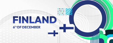 Bayrak rengi temalı ve geometrik tasarımlı Neşeli Finlandiya Bağımsızlık Günü afişi. Neşeli Finlandiya Ulusal Günü tebrik kartı. Tatil konsepti vektör arkaplanı