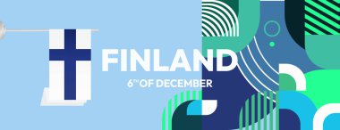 Finlandiya 'nın Bağımsızlık Günü' nü kutlayın. Kalın ve simgesel bayrak renklerine sahip geometrik pankart. Mutlu Finlandiya Ulusal Günü. Desteğinizi gösterin ya da protesto edin. Tatil temalı illüstrasyon afişi