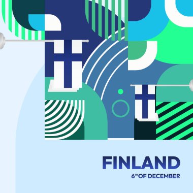 Finlandiya 'nın Yaşayan Modern Geometrik Sanatlarla Bağımsızlık Günü afişi. Finlandiya Ulusal Bağımsızlık Günü 'nün afişi. Tebrik kartı ve karnaval kutlaması kadar uygun. İyi tatiller.