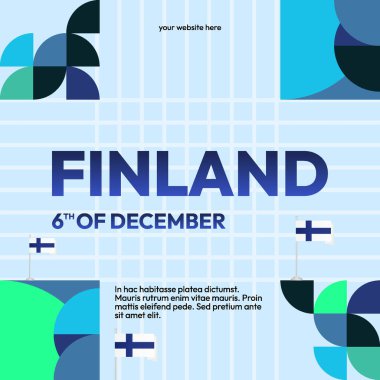 Finlandiya 'nın Yaşayan Modern Geometrik Sanatlarla Bağımsızlık Günü afişi. Finlandiya Ulusal Bağımsızlık Günü 'nün afişi. Tebrik kartı ve karnaval kutlaması kadar uygun. İyi tatiller.