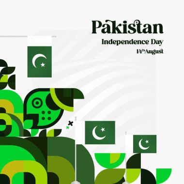 Pakistan Bağımsızlık Günü parti afişi, geometrik süsler ve bayrak tasarımı. Ulusal bayram tebrik kartı, etkinlik, festival ve iş afişi tasarımı için mükemmel. Pakistan Günün kutlu olsun.