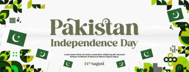Soyut geometrik pankartıyla modern Pakistan Bağımsızlık Günü arkaplanı. Pakistan Ulusal Günü için ideal, selamlar, satışlar ve tatil etkinlikleri. Mutlu Pakistan kutlamaları
