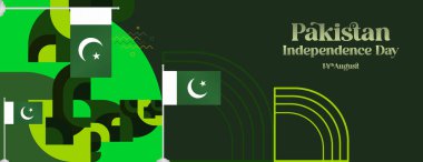 Geometrik tasarımlı en son Pakistan Bağımsızlık Günü tasarımı. Kartlar, iş dünyası, tatil etkinlikleri ve sosyal medya tatil satış reklamları için yaratıcı Pakistan ulusal bayrağı