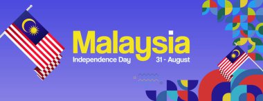 Malezya Bağımsızlık Günü kutlamaları için yaratıcı geometrik pankart. Ulusal Bayram posterleri, afişler, başlıklar, tebrik kartları ve etkinlik reklamları için mükemmel. Malezya tatil geçmişiniz kutlu olsun.
