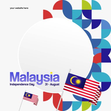 Bayrak renkli geometrik tasarımlı modern Malezya Bağımsızlık Günü afişi. Etkinlikler, festivaller ve bayram kutlamaları için Ulusal Bayram şablonu