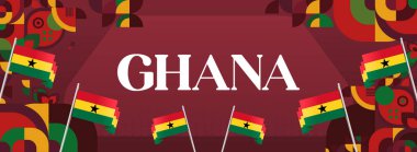 Gana Bağımsızlık Günü posteri. Ulusal Günü kutlamak için Gana bayrağının modern renkli geometrik bayrağı. Tatil geçmişi. Renkli geometriyle Gana Günü kutlamaları