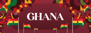 Gana Bağımsızlık Günü bayrağı modern geometrik tarzda. Ulusal bayram kutlamaları, tebrik kartları, karnaval, tatil satışları ve turizm promosyonları için ideal. Gana Günün kutlu olsun.