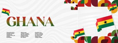 Geometrik süslemeler ve bayrak tasarımı ile Gana Bağımsızlık Günü parti afişi. Ulusal bayram tebrik kartı, etkinlik, festival ve iş afişi tasarımı için mükemmel. Gana Günün kutlu olsun.