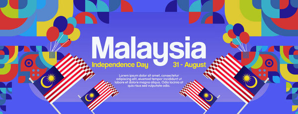 Malaysia Independence Day festive banner in modern geometric style. Ideal for National Day celebrations, greeting cards, carnival, holiday sales, and tourism promotions. Happy Malaysia Day