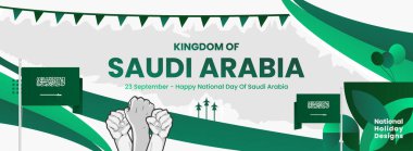Suudi Arabistan Krallığı Ulusal Günü modern bayrağı. Kutlamalar için yaratıcı bir arka plan. Karnaval, şölen posteri, destek, kültür ve turizm gibi etkinlikler için harika. Tatil kavramı