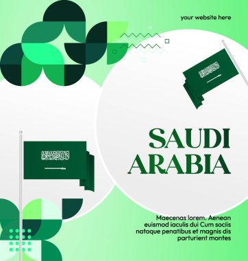 Suudi Arabistan 'ın Bağımsızlık Günü kutlu olsun. Geometrik sanatla Ulusal Günü kutlamak için bayrak. Sosyal etkinlik, davetiyeler, tebrik kartları ve ulusal etkinlik için ideal. Neşeli bir tatil geçmişi