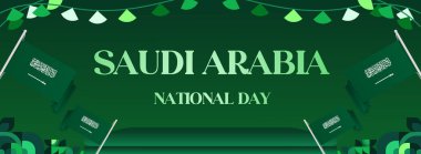 Ulusal bayrak taşıyan Suudi Arabistan Bağımsızlık Günü afişi. Suudi Arabistan Ulusal Günü kutlu olsun. Reklam, satış, turizm ve seyahat için çekici geometrik poster. Tatil temalı kutlamalar