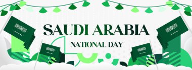 Mutlu Suudi Arabistan Bağımsızlık Günü. Suudi Arabistan Ulusal Bağımsızlık Günü 'nü kutlamak için parlak ve renkli geometrik yaratıcı bir altyapı. Mutlu Suudi Arabistan Ulusal Bayram kutlamaları
