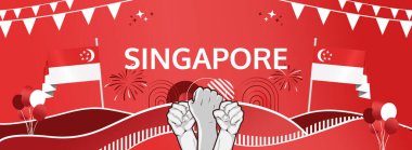 Singapur Bağımsızlık Günü modern selamlama bayrağı. 9 Ağustos Ulusal Gününüz kutlu olsun. Bayrak renklerinde şablonlar, festival etkinliği, poster, turizm kampanyası ve tatil indirimi için harika.