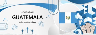 Guatemala Bağımsızlık Günü modern selamlama bayrağı. 15 Eylül Ulusal Bayramın kutlu olsun. Bayrak renklerinde şenlikli yatay arka plan, karnaval posteri, turizm kampanyası, bayram indirimi için harika