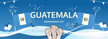 Guatemala Bağımsızlık Günü modern selamlama bayrağı. 15 Eylül Ulusal Bayramın kutlu olsun. Bayrak renklerinde şenlikli yatay arka plan, karnaval posteri, turizm kampanyası, bayram indirimi için harika