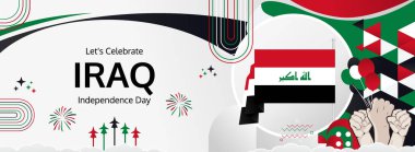 Irak Bağımsızlık Günü modern selamlama bayrağı. 3 Ekim Mutlu Ulusal Günler. Bayrak renklerine sahip şenlikli yatay arka plan, karnaval posteri, turizm kampanyası, bayram indirimi için harika.