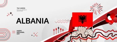 Arnavutluk Bağımsızlık Günü modern karşılama bayrağı. 28 Kasım Ulusal Gününüz kutlu olsun. Bayrak renklerine sahip şenlikli yatay arka plan, karnaval posteri, turizm kampanyası, bayram indirimi için harika.