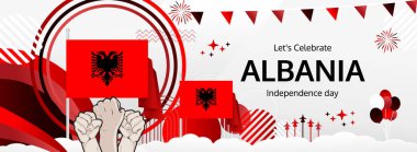 Arnavutluk Bağımsızlık Günü modern karşılama bayrağı. 28 Kasım Ulusal Gününüz kutlu olsun. Bayrak renklerine sahip şenlikli yatay arka plan, karnaval posteri, turizm kampanyası, bayram indirimi için harika.